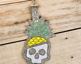 Pineapple Skull Keychain, tropical backpack charm, skeleton zipper pull, key fob hanger