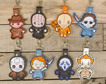 Horror Chibi Keychains, Jason, Sam, Halloween holiday keychain, Trick or Treat charm, Friday 13th tag, Pennywise