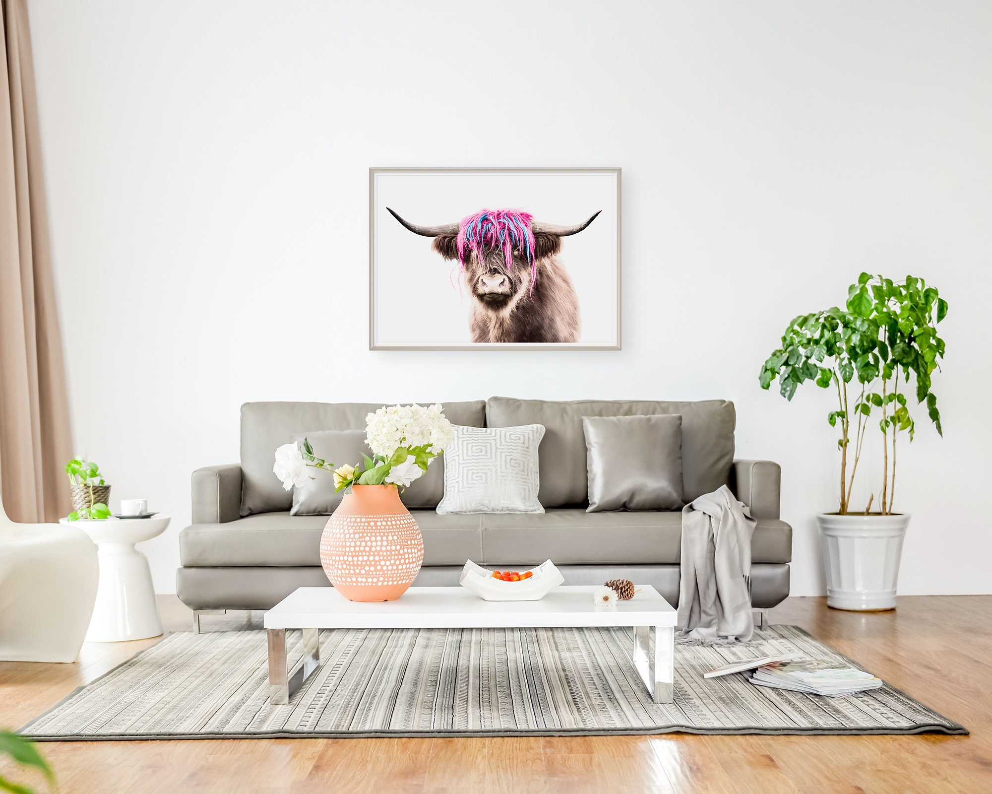 Stylish Highland Cow Print Modern Art Living Room Decor Hairy Etsy