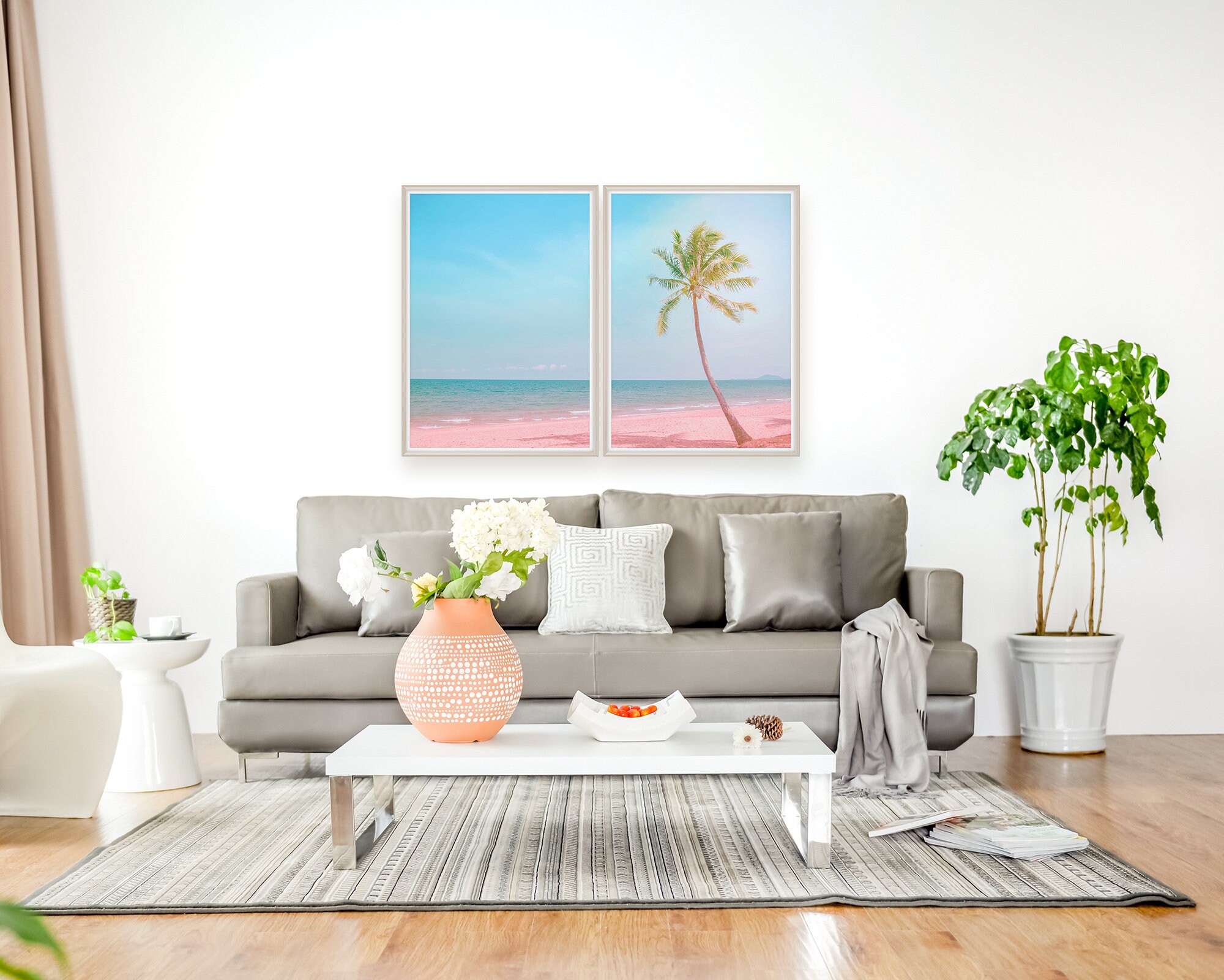 Tropical Beach Wall Art Set Of 2 Prints Palm Tree Print Etsy