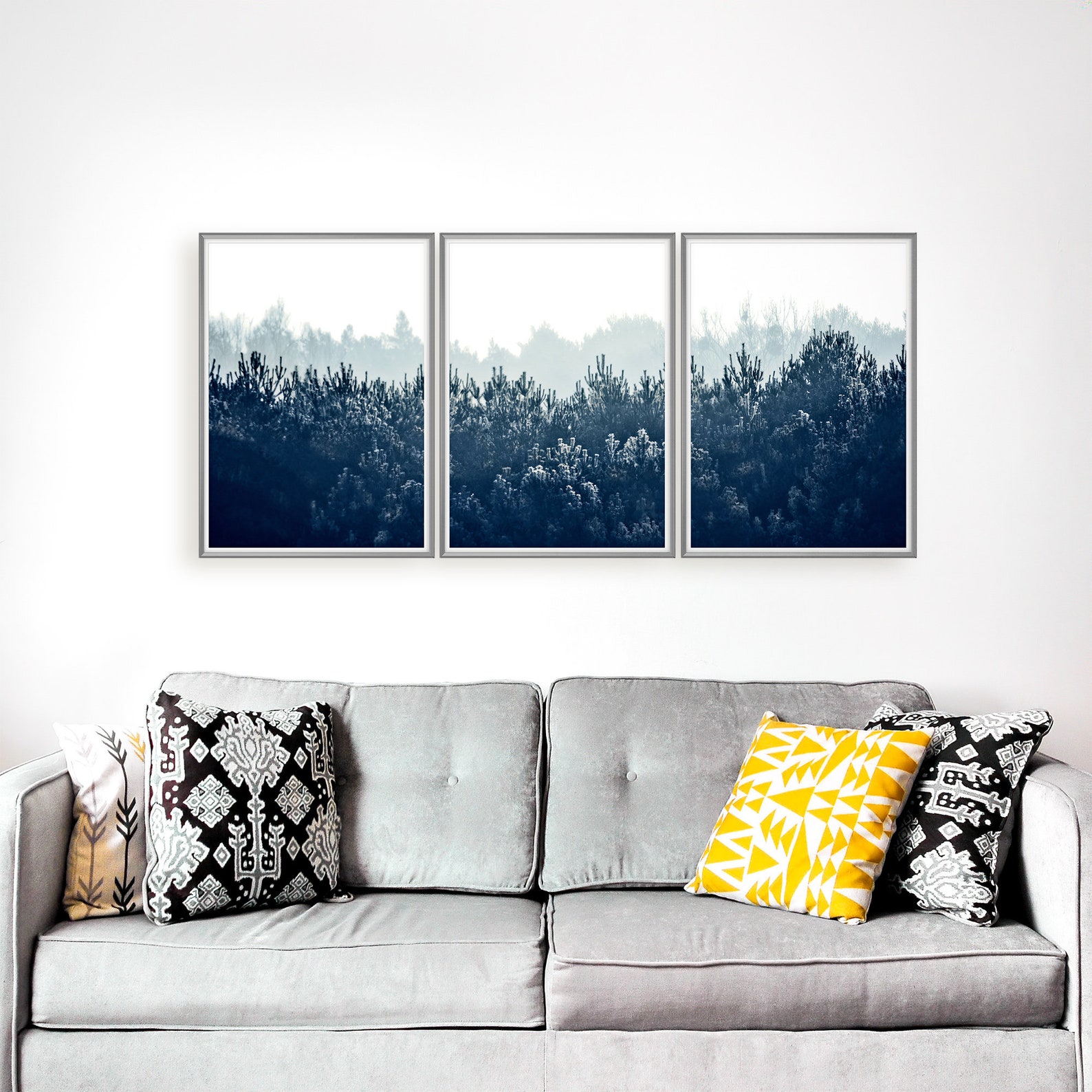 Blue Forest In Mist Set Of 3 Prints Nature Wall Art Foggy Etsy