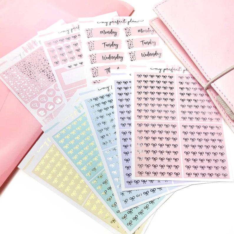 Blue color Bow headers Foiled washi Date covers Foiled multicolor functional planner stickers