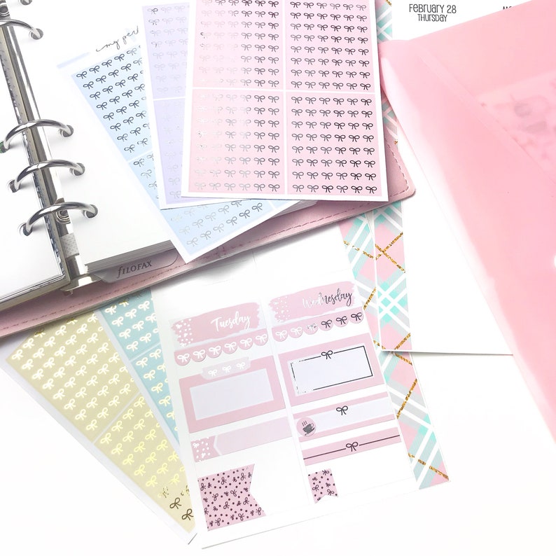 Blue color Bow headers Foiled washi Date covers Foiled multicolor functional planner stickers
