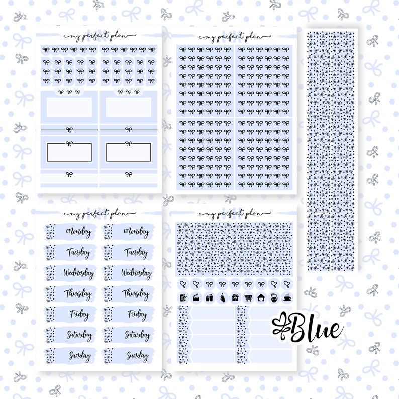 Blue color Bow headers Foiled washi Date covers Foiled multicolor functional planner stickers