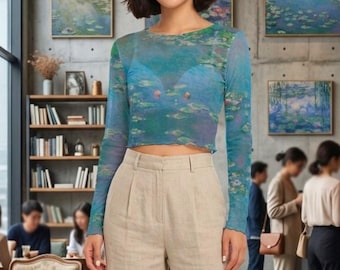 Top corto de malla con estampado de nenúfares de Claude Monet, camisa con estética impresionista, top floral transparente para festivales, estampado de ninfeas, regalo de artista