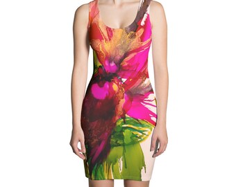 Abstract Floral Dress- Sublimation Cut & Sew Dress- Artistic Pink Magenta Green Dress- Colorful Original Art Dress- Painting- One of a Kind