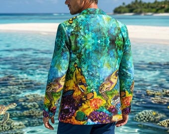 Chaqueta unisex de algodón con estampado de peces tropicales y tortugas marinas Ocean Art Blazer