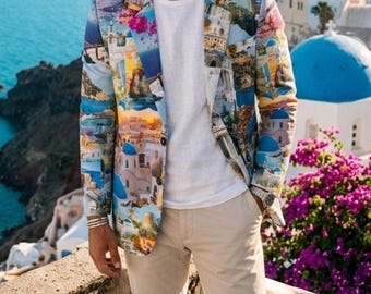 Blazer estilo Ilhas Gregas, Jaqueta de Viagem Mediterrâneo para Cruzeiros em Santorini e Mykonos, Blazer Unissex de Algodão com Design Artístico, Oia Sunset Apparel