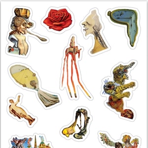 Dali Die Cut Mini Sticker Pack + Original Art! Salvador Dali Elements, Surrealism Icons Sticker Sheet of 12 Thick, Durable Vinyl Art Sticker