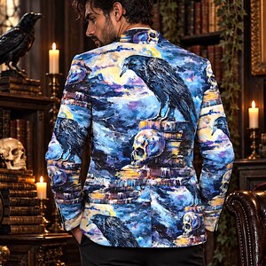 Edgar Allan Poe Raven Blazer, Gothic Dark Academia Art Jacket, Unisex Printed Cotton Blazer