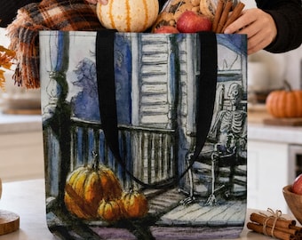 Moonlit Waiting Skeleton Tote Bag, Original Halloween Painting, Spooky Porch Skeleton Art, Premium Gothic Halloween Tote, Fall Gift