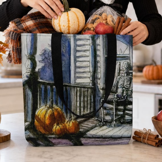 Moonlit Waiting Skeleton Tote Bag, Original Halloween Painting, Spooky Porch Skeleton Art, Premium Gothic Halloween Tote, Fall Gift