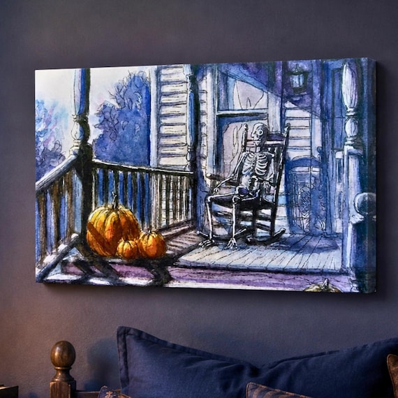 Moonlit Waiting Skeleton Porch Canvas, Halloween Gothic Wall Art, Dark Academia Home Decor, Original Framed Painting