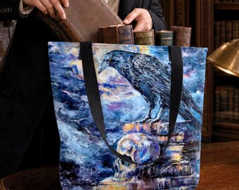 Raven Art Tote Bag, Echoes of Nevermore Original Painting, Premium Gothic Halloween Tote, Edgar Allan Poe Dark Academia Gift