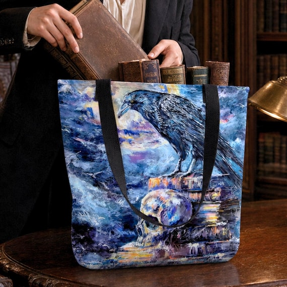 Raven Art Tote Bag, Echoes of Nevermore Original Painting, Premium Gothic Halloween Tote, Edgar Allan Poe Dark Academia Gift