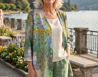 Sobrecamisa "El jardín del artista" de Claude Monet, ropa de arte impresionista, cárdigan ligero, kimono de bellas artes, regalo para profesor de arte.