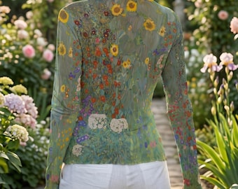 Blusa de malha com estampa de girassóis de Klimt, manga longa, estilo Art Nouveau.