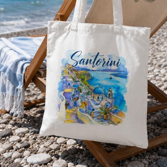Santorini Tote Bag, Greek Island Travel Bag, Mediterranean Cruise Gift, Santorini Painting, Greece Vacation Beach Bag, Original Art Tote
