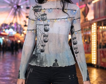 Blusa de malha com efeito desbotado, blusa transparente de carnaval assombrado, arte vestível de circo gótico, blusa assustadora de roda-gigante, presente assustador de Halloween