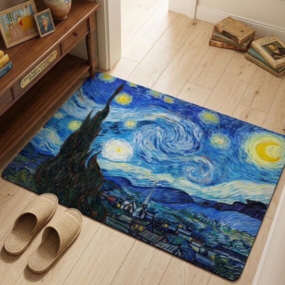 Van Gogh Starry Night Bath Mat, Diatomaceous Earth Stone Mat, Ultra Absorbent Quick Dry Shower Mat, Fine Art Home Decor