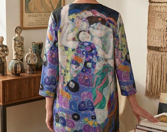 Cardigã Gustav Klimt A Virgem, Kimono Art Nouveau para Vestir, Sobretudo Aberto com Estampa de Belas Artes, Presente Artístico e Estético para Ela
