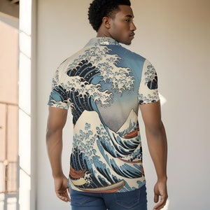 Wave Painting Oxford Shirt, Collared Short Sleeve, All-Over Print Men&#39;s Colorful Button Up Shirt, Gift for Him, Katsushika Hokusai Painting