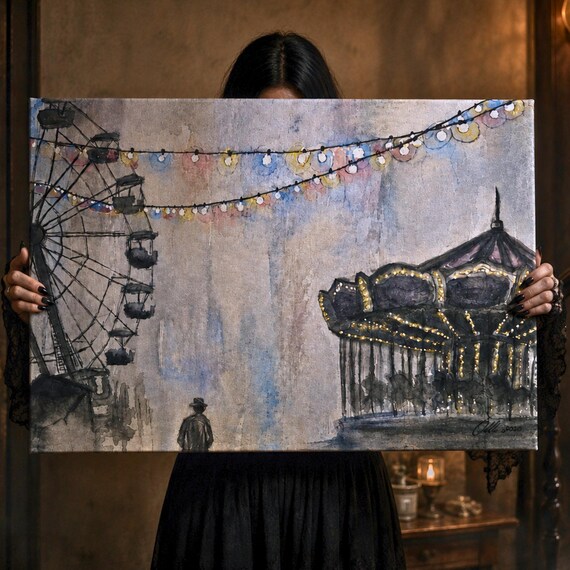 Fading Fairground, Vintage Carnival Wall Art Canvas, Creepy Carnival Gothic Decor, Dark Academia Home Decor, Original Painting Framed