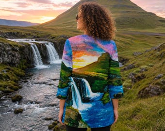 Sobretudo Cachoeira da Islândia, Cardigã com Arte Original de Paisagem, Kimono Aberto na Frente, Presente de Viagem à Islândia, Cobertura para Pintura de Montanha
