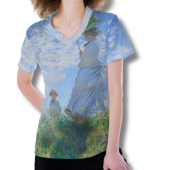 Monet "Woman with Parasol" V-Neck Top: Impressionist Art Blouse