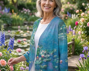 Cardigã aberto com estampa de lúcios-d'água de Claude Monet, sobrecamisa de arte vestível, quimono de manga 3/4.