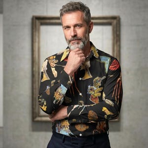 Koszula typu Oxford w stylu surrealizmu Dali: nadruk na całej powierzchni, długi rękaw, zapinana na guziki