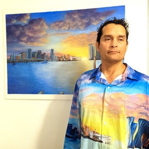 Miami Skyline Painting Langarm Oxford Shirt mit Kragen - All-Over Print Männer Buntes Knopf-Up Shirt- Kleid Shirt- Statement Art Shirt