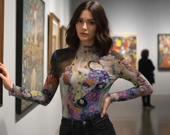 Blusa de malha transparente com estampa da Virgem de Gustav Klimt, manga longa, estilo Art Nouveau, estética Y2K, ideal para amantes da arte.
