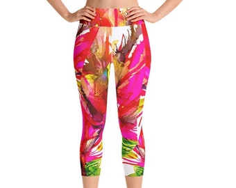Abstract Floral Capri Leggings: Hot Pink Artistic Print Yoga Pants