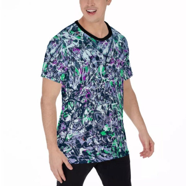 Abstract Expressionism All Over Print Shirt-  Jackson Pollock Style Black Green Purple- Round Neck Classic Tee- Short Sleeve Crew Shirt