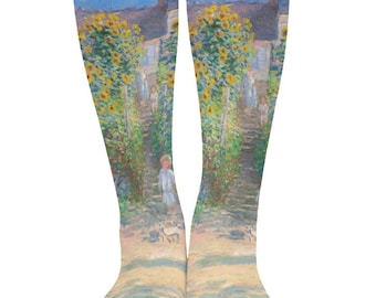 Claude Monet Socks- The Artist's Garden at Vétheuil Painting - All Over Print Unisex High Socks Featuring Painting Print