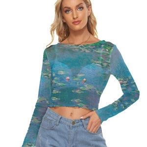 Claude Monet Water Lilies Mesh Top, Top corto de malla para mujer, mangas largas, arte ponible, traje de arte de pintura de maestros