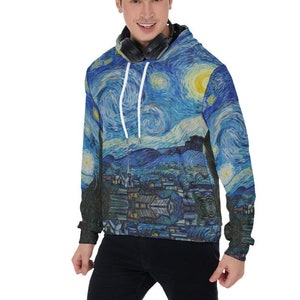 Vincent Van Gogh Starry Night Microfleece Hoodie,  Unisex Art Sweatshirt Pullover, All Over Print Colorful Sweatshirt, Wearable Art