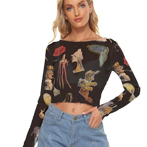 Dali Surrealism Symbols Mesh Top, Women&#39;s Mesh Crop Top, Long Sleeves, Wearable Art, Masters Painting Art Outfit