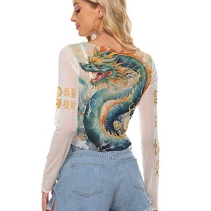 Lunar New Year Dragon Mesh Top, 2024 Year Of The Dragon, Women's Mesh Crop Top, Long Sleeves, Wearable Art Outfit, Lunar New Year Top