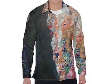 Gustav Klimt Button Up Shirt, Death and Life, Collared Long Sleeve Shirt, All-Over Print Men's Colorful Button Up, Dress Shirt, Gift for Him