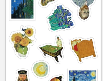 Van Gogh Mini Sticker Pack + Original Zeichnung! Die Cut Van Gogh Elements, Impressionismus-Aufkleber Bogen mit 14 dicken, langlebigen Vinyl-Kunst-Aufklebern