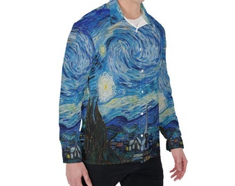 Vincent Van Gogh Starry Night Oxford Shirt, Collared Long Sleeve, All-Over Print Men's Colorful Button Up Shirt, Dress Shirt, Gift for Him