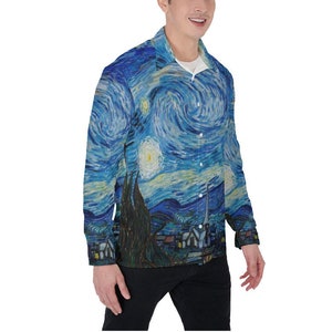 Vincent Van Gogh Starry Night Oxford Shirt, Collared Long Sleeve, All-Over Print Men's Colorful Button Up Shirt, Dress Shirt, Gift for Him