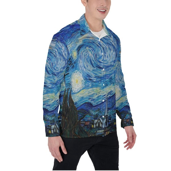 Vincent Van Gogh Starry Night Oxford Shirt, Collared Long Sleeve, All-Over Print Men's Colorful Button Up Shirt, Dress Shirt, Gift for Him