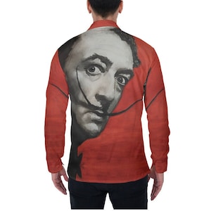Dali Portrait Collared Long Sleeve Oxford Shirt, All-Over Print Men&#39;s Colorful Button Up Shirt, Dress Shirt, Gift for Him, Surrealism