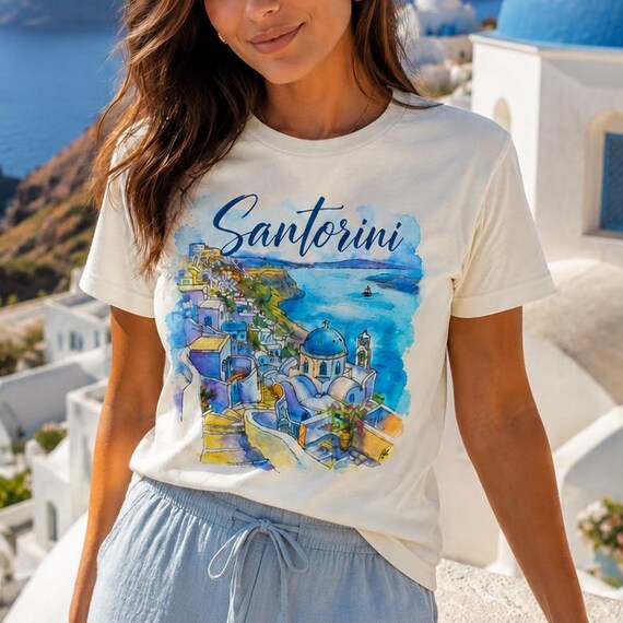 Santorini Greece Watercolor T-Shirt | Original Painting Travel Shirt | Greek Island Vacation Tee | Mediterranean Cruise Gift
