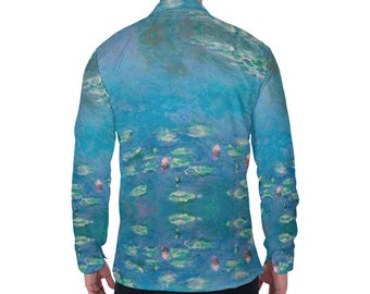 Claude Monet Water Lilies Oxford Shirt, Collared Long Sleeve, All-Over Print Men&#39;s Colorful Button Up Shirt, Dress Shirt, Gift for Him