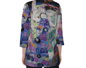 Gustav Klimt All-over Print Cardigan, The Virgin Colorful Overshirt, Coverup, Open Front Shirt, 3 /4 Sleeve Length Light Jacket