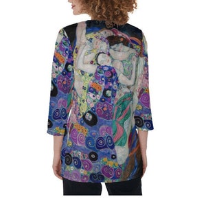 Gustav Klimt All-over Print Cardigan, The Virgin Colorful Overshirt, Coverup, Open Front Shirt, 3 /4 Sleeve Length Light Jacket